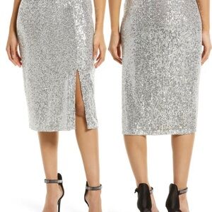 Halogen Silver Sequin Midi Pencil Skirt with Side Slit